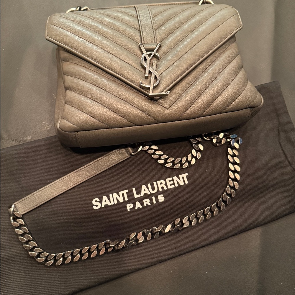 YSL Chevron Monogram Medium College Bag Granite